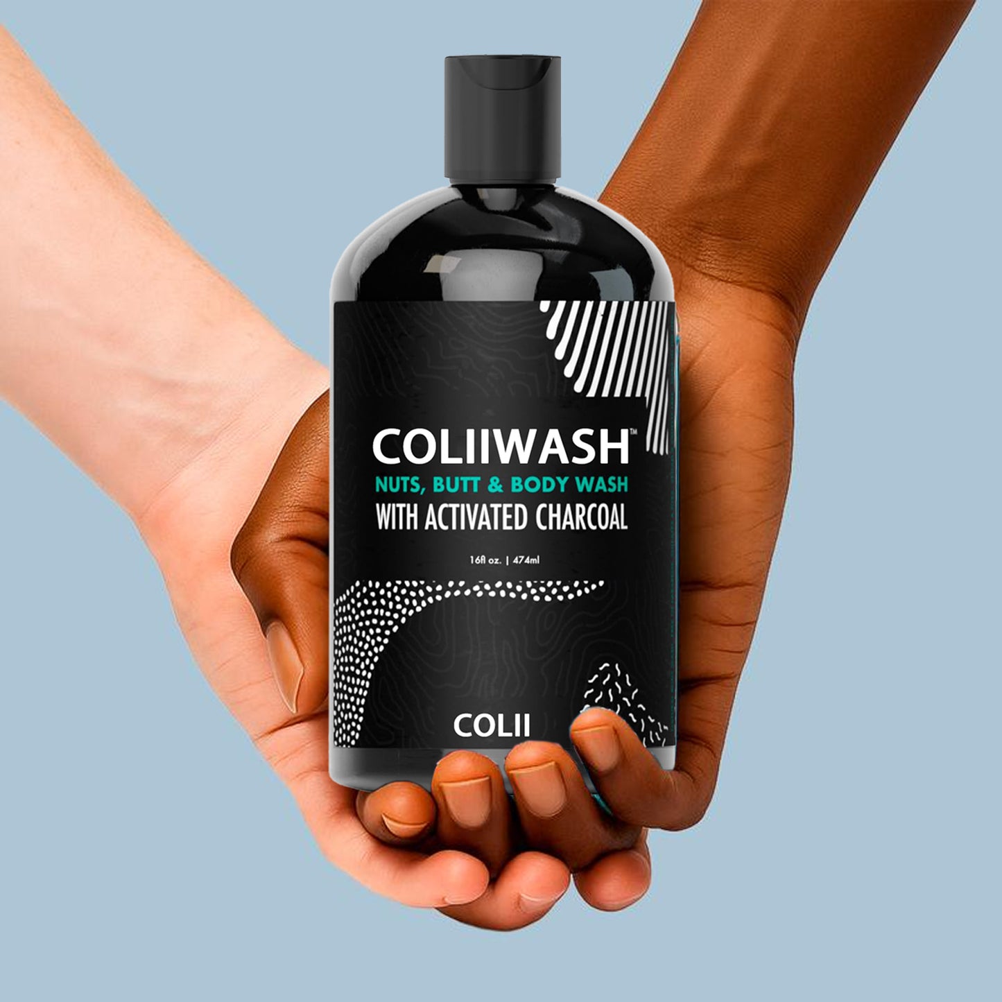 COLII™ Men's Charcoal Intimate Wash, plant-based, pH balanced, reduces odor and streaks, leaving you feeling fresh and sexy