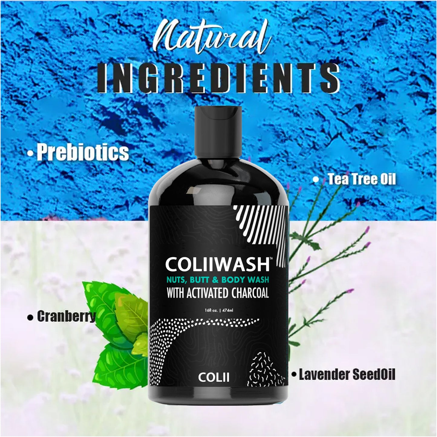 COLII™ Men's Charcoal Intimate Wash, plant-based, pH balanced, reduces odor and streaks, leaving you feeling fresh and sexy