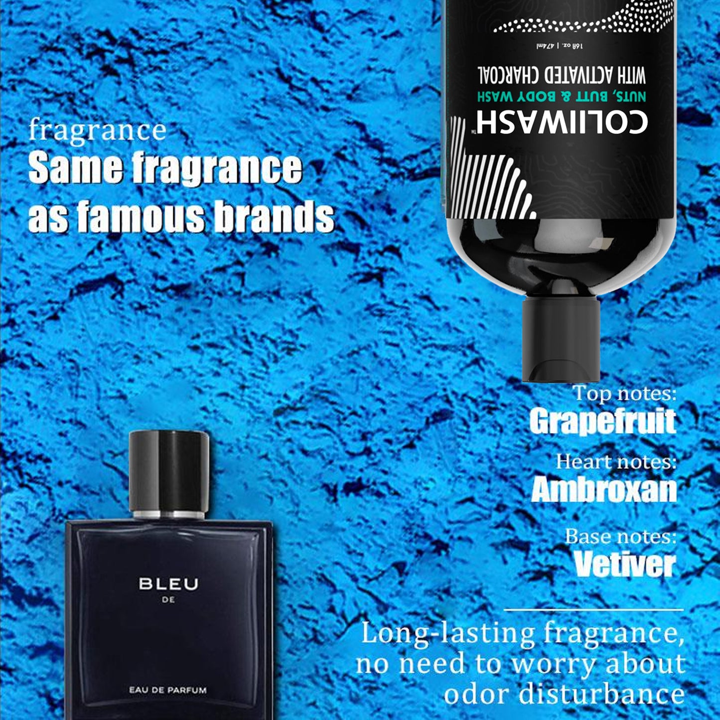 COLII™ Men's Charcoal Intimate Wash, plant-based, pH balanced, reduces odor and streaks, leaving you feeling fresh and sexy