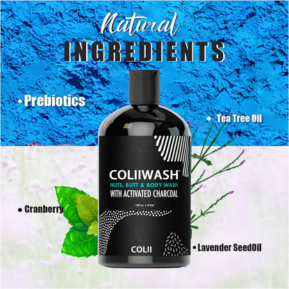 COLII™ Men's Charcoal Intimate Wash, plant-based, pH balanced, reduces odor and streaks, leaving you feeling fresh and sexy